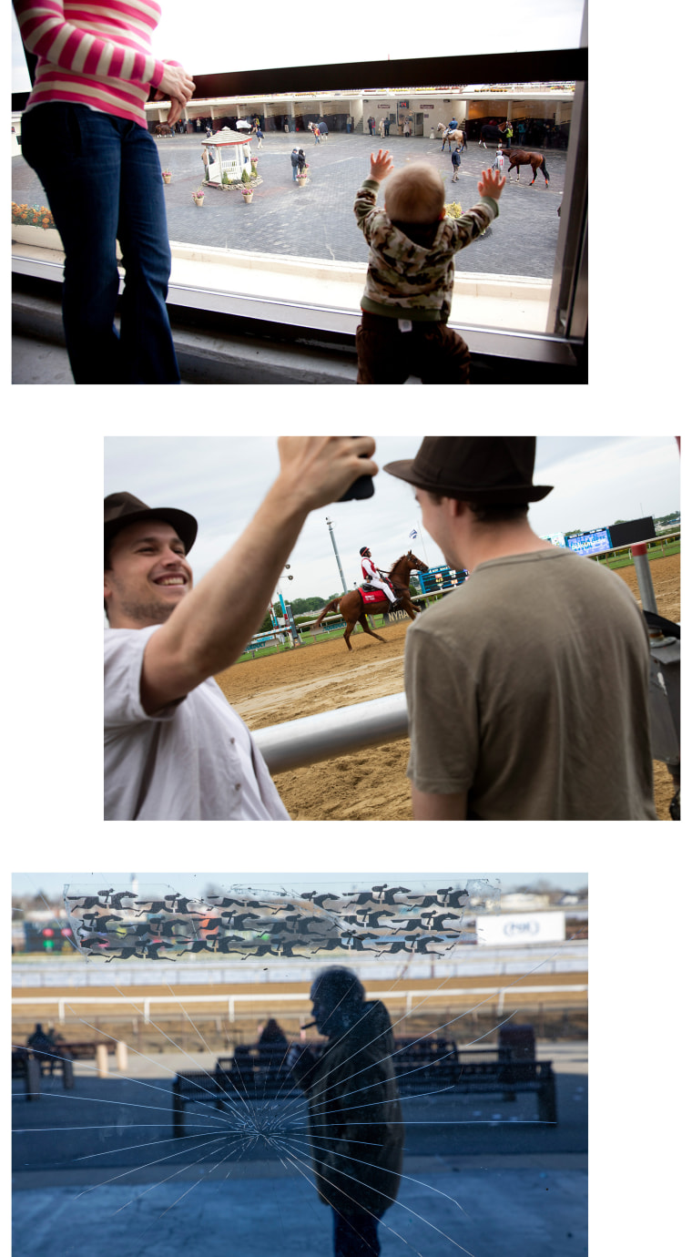 Photos show a babe looking retired a model astatine horses; 2 men return a selfie arsenic a jockey rides a equine connected the track; A reflection of a man smoking a cigar.