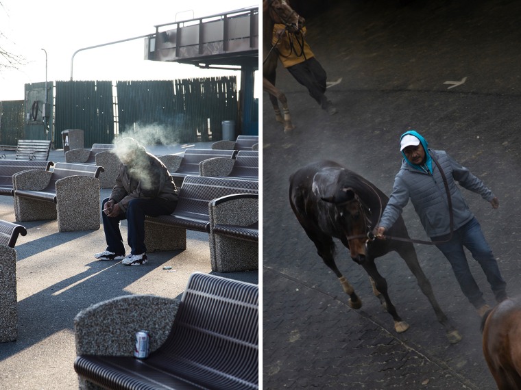An attendee blows smoke on outside benches; a horse is escorted by a trainer.