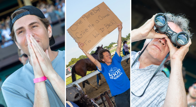 Fans on the last day of Aqueduct racing react; a man holds a sign that says "One more day! Give me a chance to win it back!"