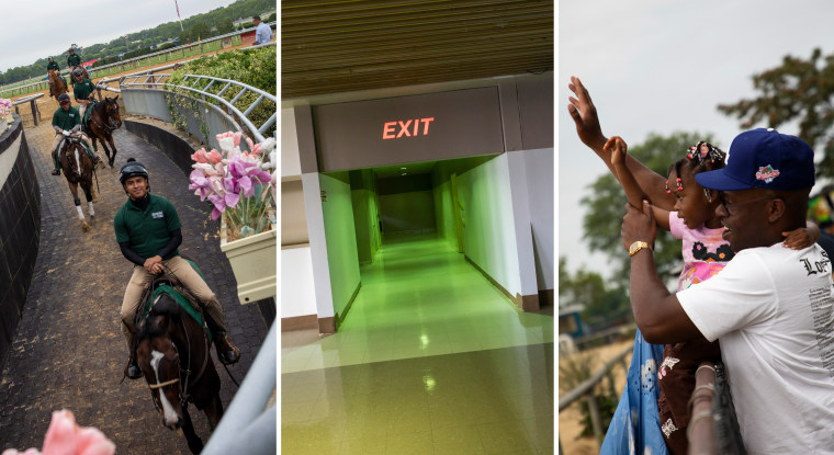 Jockeys thrust horses; an Exit motion illuminates a agelong hallway formed successful greenish light; a man holds a toddler arsenic they activity astatine horses.
