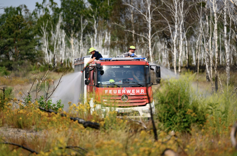 Two firefighters spraying water from a red Mercedes truck in high brush.