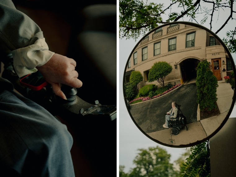 A split composite image, on the left, Rebecca's hand is on a wheelchair controller, on the right, Rebecca is seen on a street mirror in her wheelchair traveling on the sidewalk