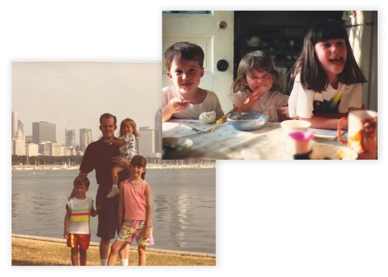 Two photos of Rebecca Anger's childhood are slightly overlaid atop on another on a white background