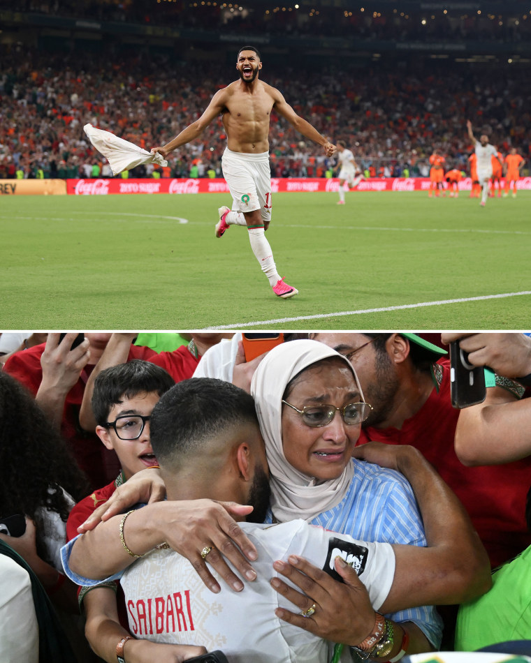 Saibari celebrates scoring Morocco's winning penalty kick during the penalty shootout against the Netherlands, top, and embraces relatives afterward, below.
