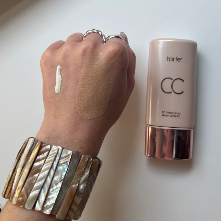 Associate market editor Audrey Ekman has an unblended line straight from the bottle on the left side of her hand and a patch that's been blended in and transformed to match her skin tone on the right.