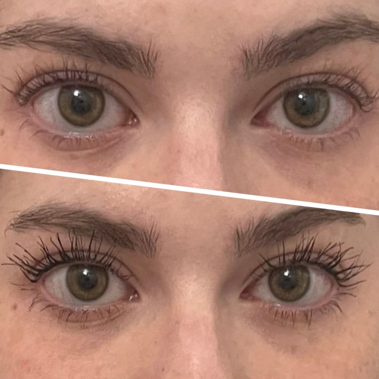 Production associate Audrey Ekman's lashes before and after using the Maybelline Lash Sensational Sky High Mascara.