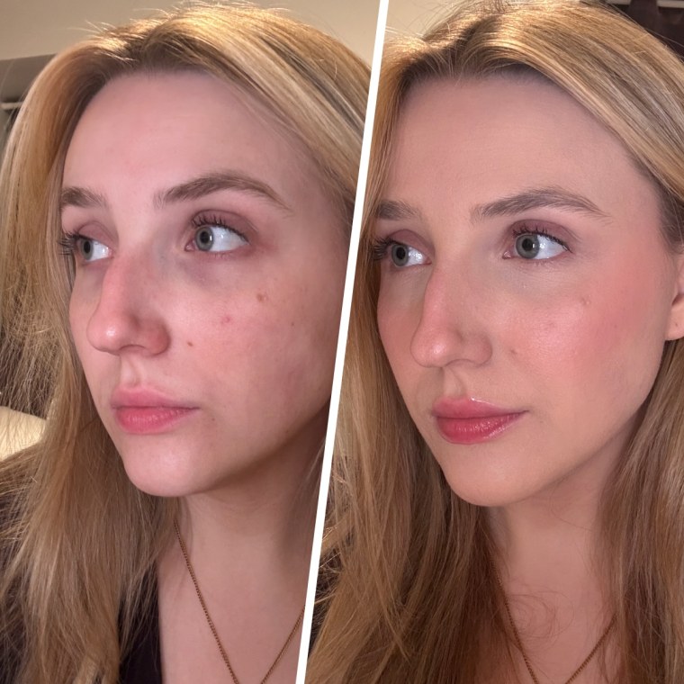 TIRTIR Mask Fit Red Cushion Foundation before (left) and after (right) application.
