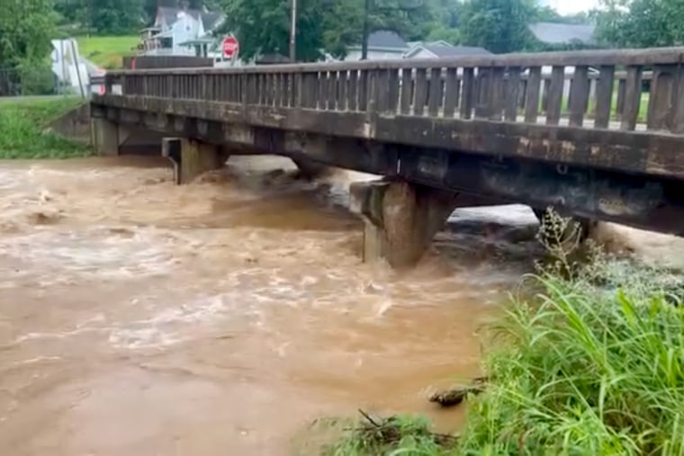 Flooding under bridge in Steelville, MO, on July 10, 2026.