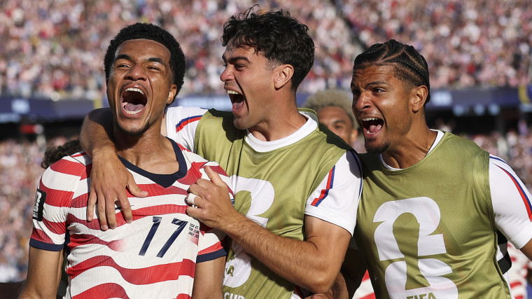 Malik Tillman #17 of the United States celebrates with team mates after scoring his team's second goal during the USA v Bosnia and Herzegovina game.