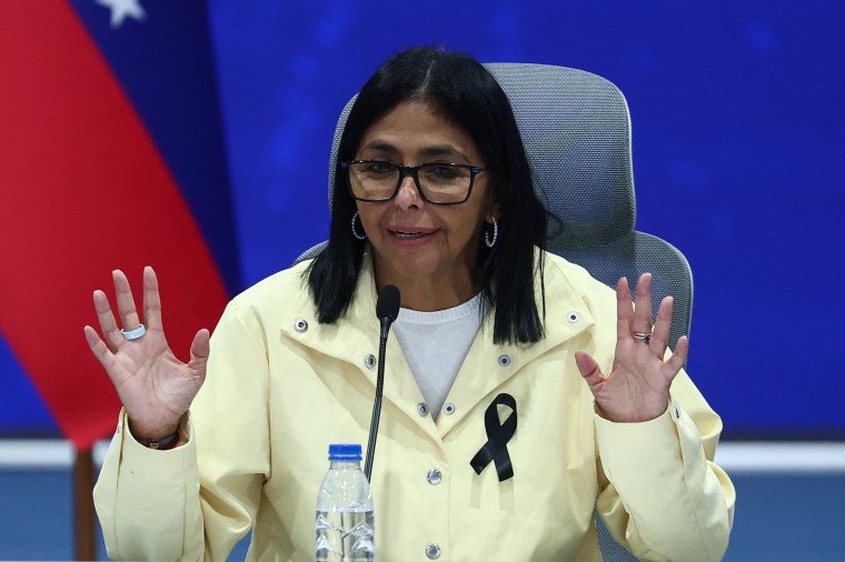 Venezuela's interim President Delcy Rodriguez speaking at a press conference.