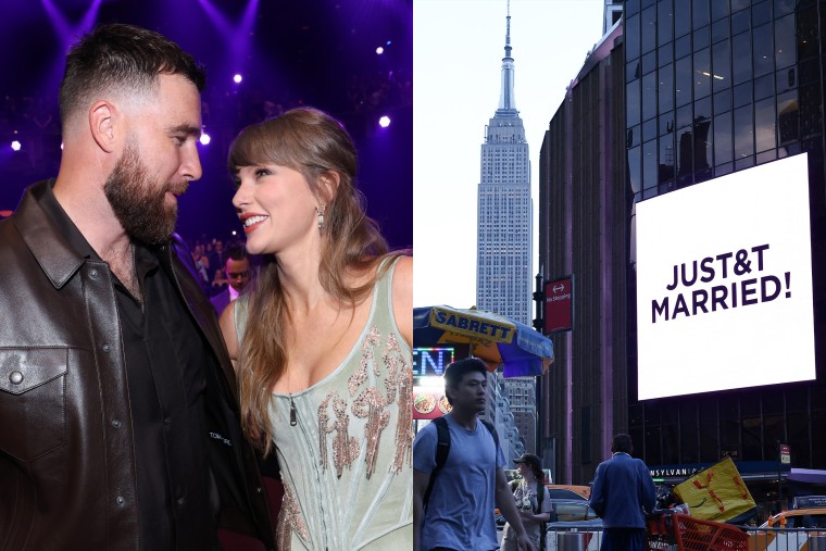 Travis Kelce and Taylor Swift; A sign reading "JUST&T MARRIED!" on the facade Madison Square Garden