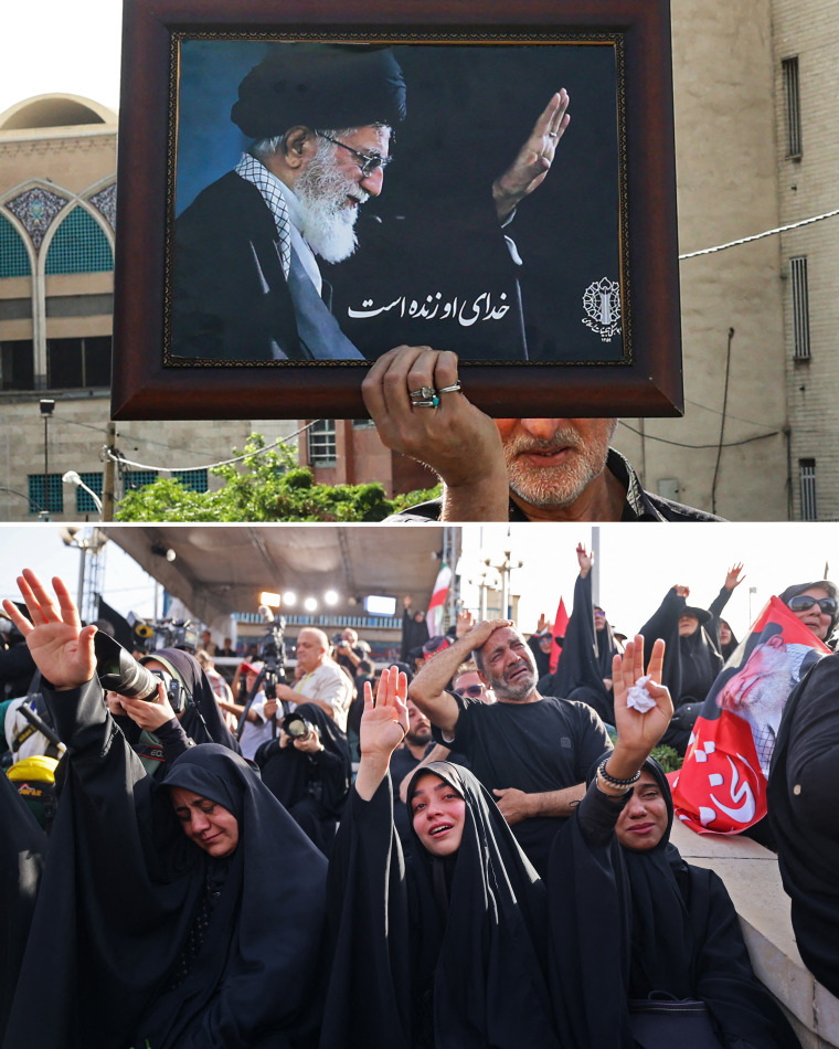 Many of the funeral attendees held flags and placards of Khamenei.