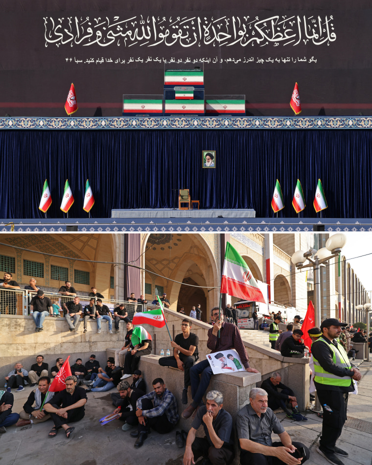 The coffins of Iran's slain supreme leader Ayatollah Ali Khamenei and his family members, above, and mourners outside the Grand Mosalla.