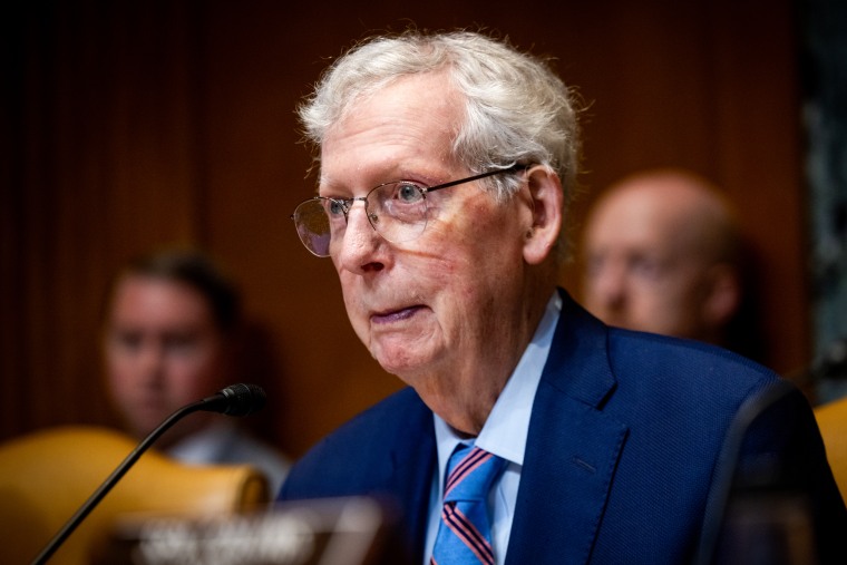 Sen. Mitch McConnell is seen during a Senate Committee on Appropriations, Subcommittee on Department of Defense budget hearing in Washington, DC on May 19, 2026.