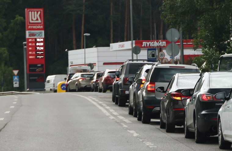 Cars in line at a Lukoil gas station on July 8, 2026 outside of Moscow, Russia.