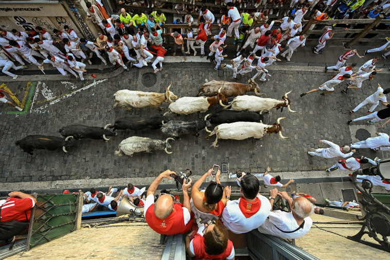 People dressed in white with red neckerchiefs run from bulls on the brick streets of Pamplona.