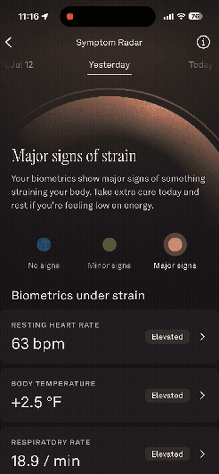 A video of the symptoms radar feature on the Oura app.