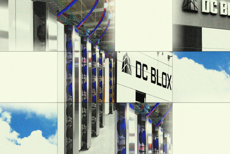 Photo illustration showing the inside of a DC Blox data center, their logo on a building facade, and a blue sky and clouds.