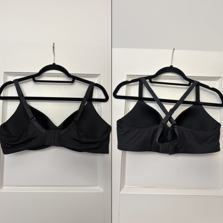 An image of the back of a black Thirdlove TempSync T-Shirt Bra with the straps straight (left) and crossback (right).