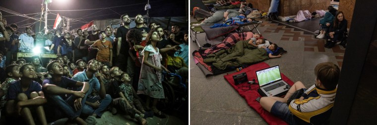 A split composite image showing, left, Palestinians watching a unseen screen from a projector outside, and a boy watching a soccer match from a laptop as people sleep on sleeping bags around him inside of a shelter