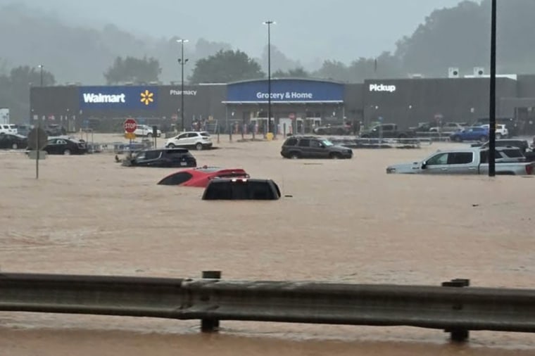 A flooded Walmart parking lot in Weston, W.Va.