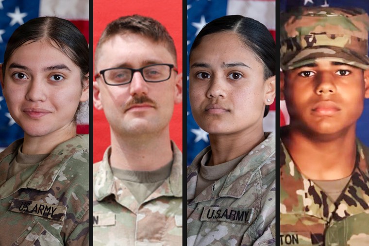 A split composite image of four army member portraits in camouflage uniform, from left, Isabella Gonzales, Tyler James Feehan, Angel Rampersad, and Michael Emmanuel Swinton