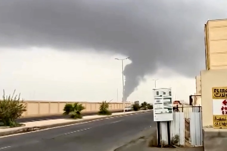 Plume of smoke rise in Jizan, Saudi Arabia, as Yemen's Iran-aligned Houthis said on Saturday they carried out operations targeting Saudi Aramco facilities.