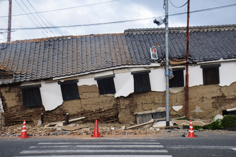 Damage is seen to part of the compound of the Shohinken gardens in Yatsushiro, Kumamoto Prefecture
