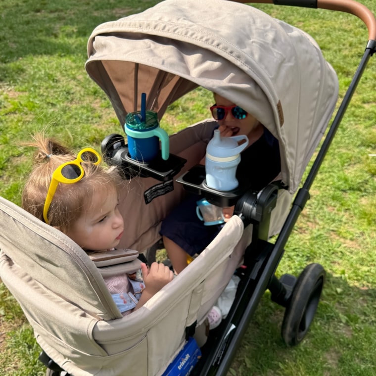 Two young children in sunglasses sitting in a tan double stroller with a cup holder tray holding a sippy cup and bottle, outdoors on grass