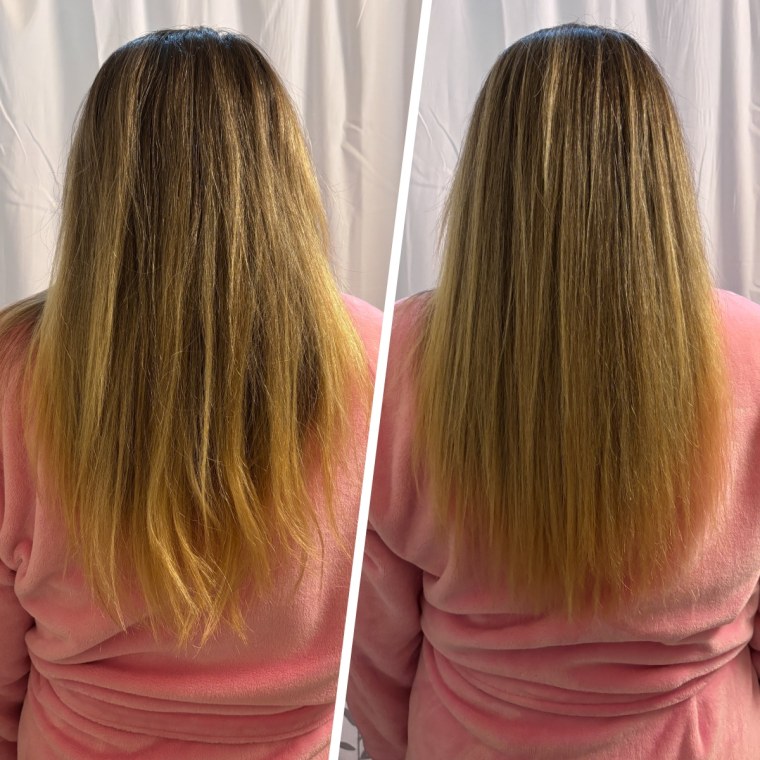 Events production manager Checka Ciammaichelli before and after using the Moroccanoil Treatment Mist.