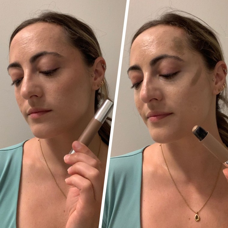 Haus Labs Precision Sculpt Shaping Balm Before (left) and in use (right)