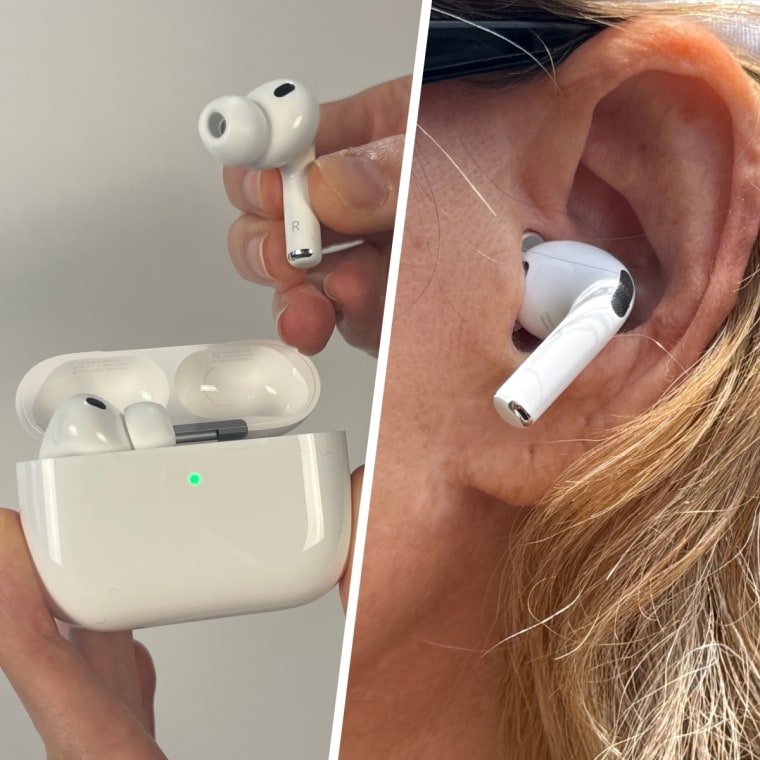 Apple AirPods Pro 3 out of the case (left) and in an ear (right).