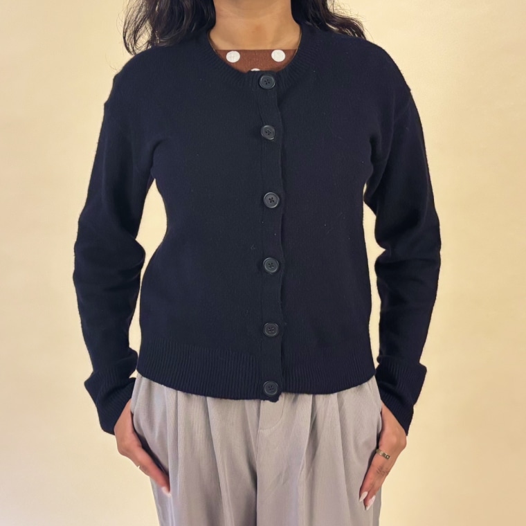 Intern Sreya Nair models the Sanctuary Must-Have Cardigan Navy Blazer.