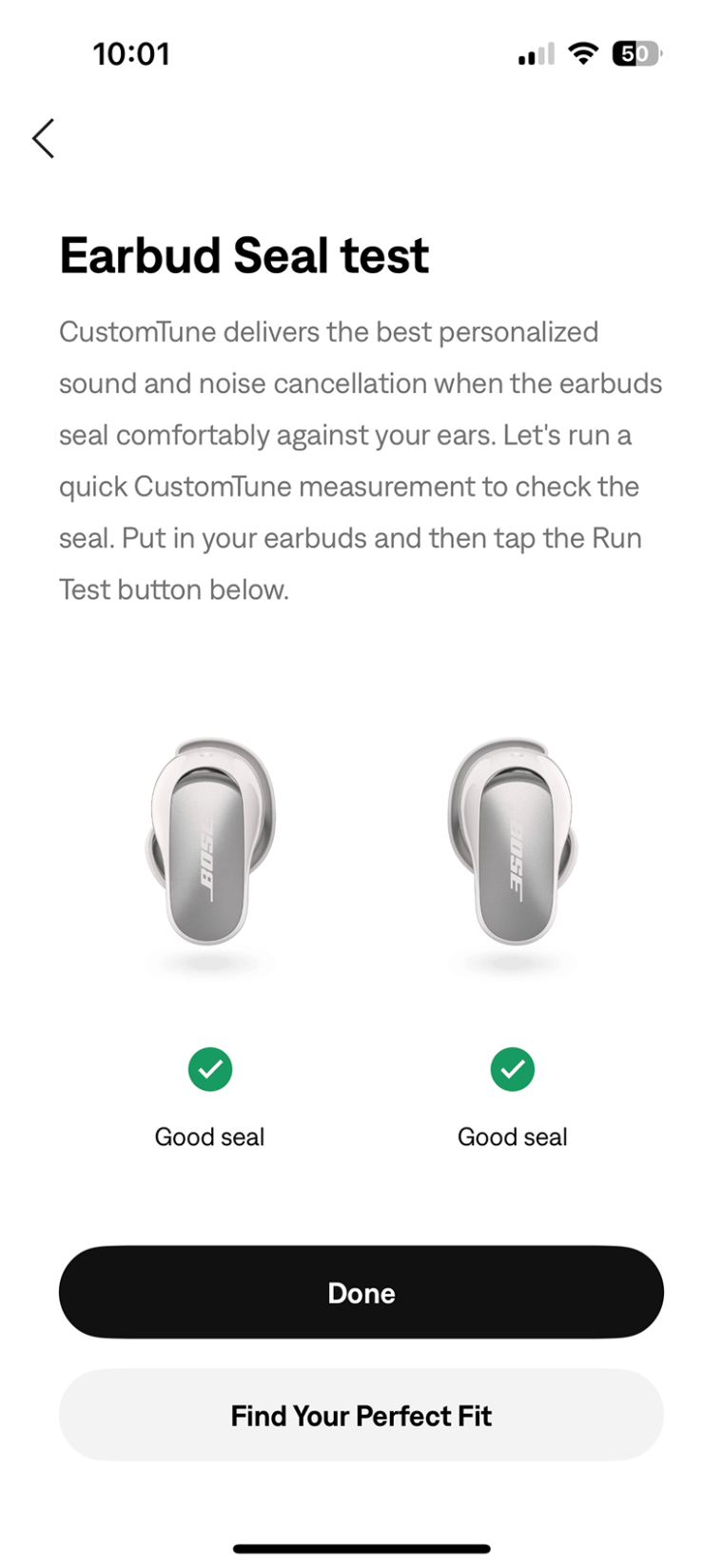 A look at Bose's earbud seal test in the app.