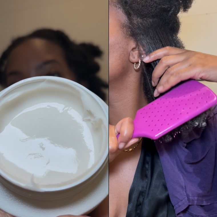 A close up of the conditioner; Morris brushing the conditioner through her hair.