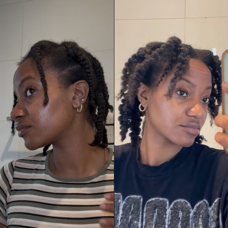 A close up of the braids (left), beside a close up of the braids when freshly undone (right).