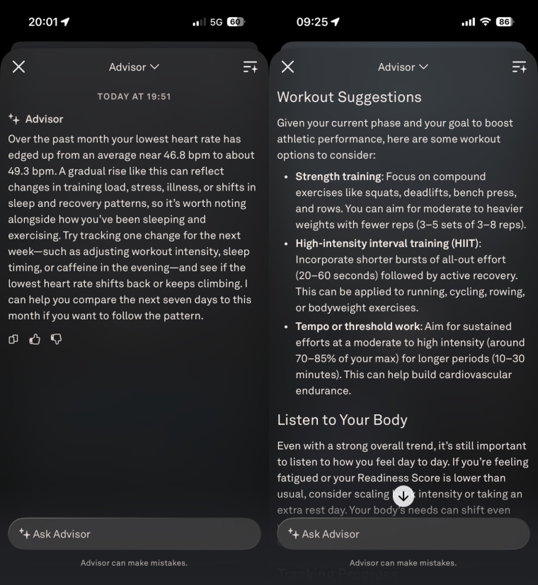 These are two conversations messages I received from the Advisor on the Oura app.