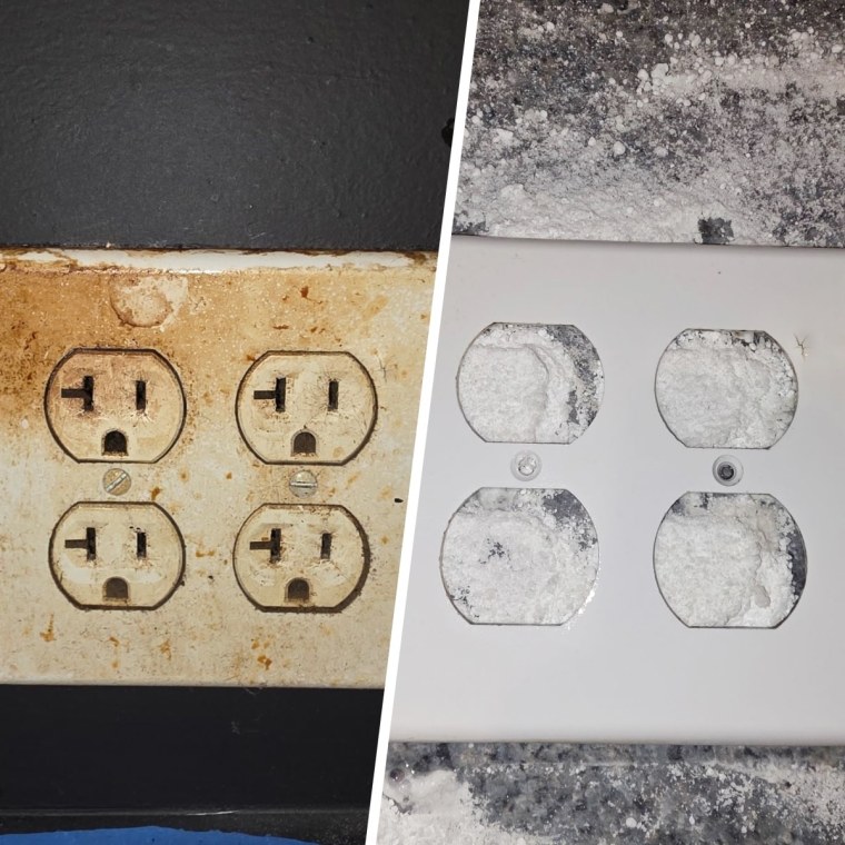 Before and after of Bar Keepers Friend Powder Cleanser on a stained outlet cover.