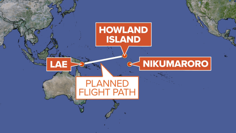 A map of Earhart's planned flight path relative to Nikumaroro Island in the Pacific Ocean.