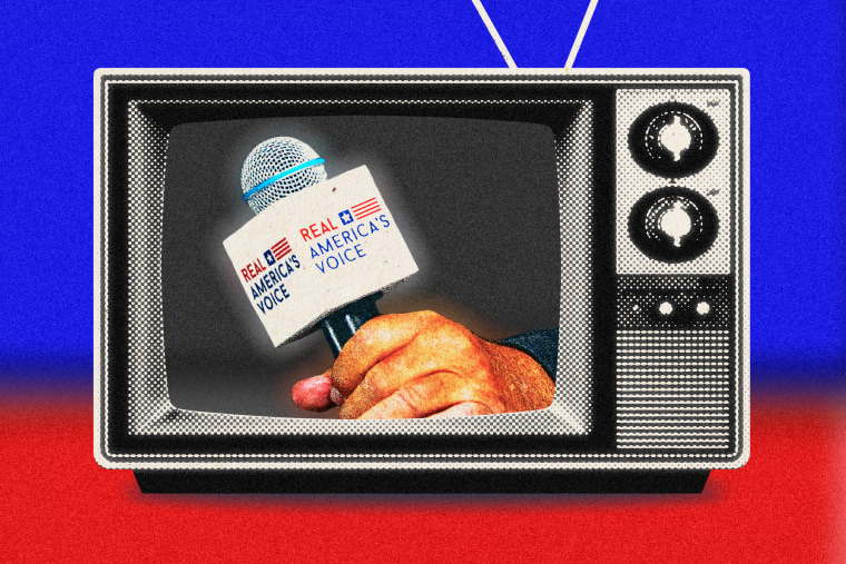 Photo illustration of an old TV with a hand holding a Real America's Voice microphone on the screen.