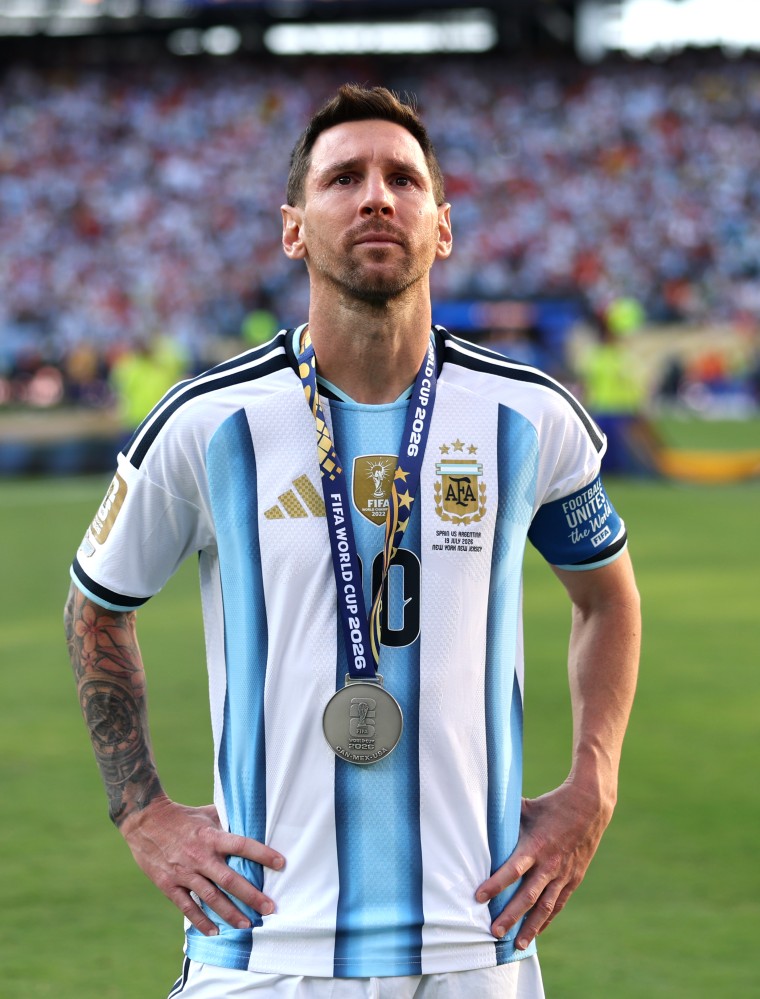 Lionel Messi watches players of Spain receiving the medals following the FIFA World Cup 2026 final match on July 19.