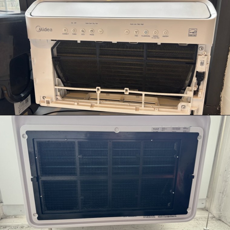 Midea U-Shaped AC with the front panel removed to show the filter (top), Windmill WhisperTech AC with the front panel removed to show the filter (bottom)
