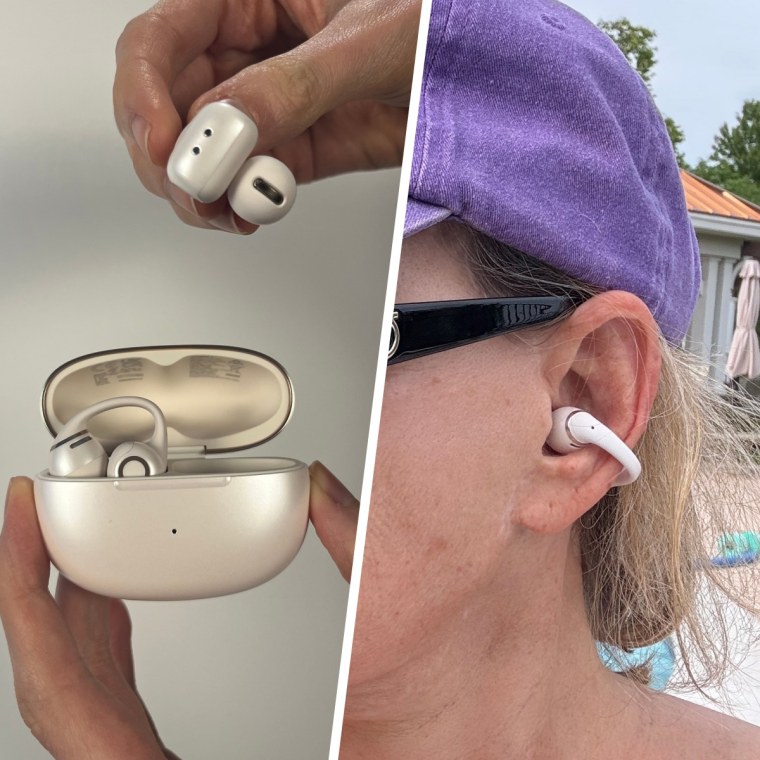 A look at the Shokz OpenDots 2 outside of their case (left) and hooked onto an ear (right).