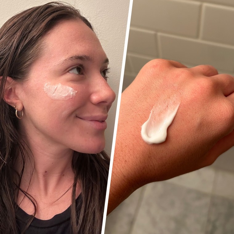 Cassidy McKenna show a closer look of the Versed Daily Recovery Rich Barrier Cream's texture.