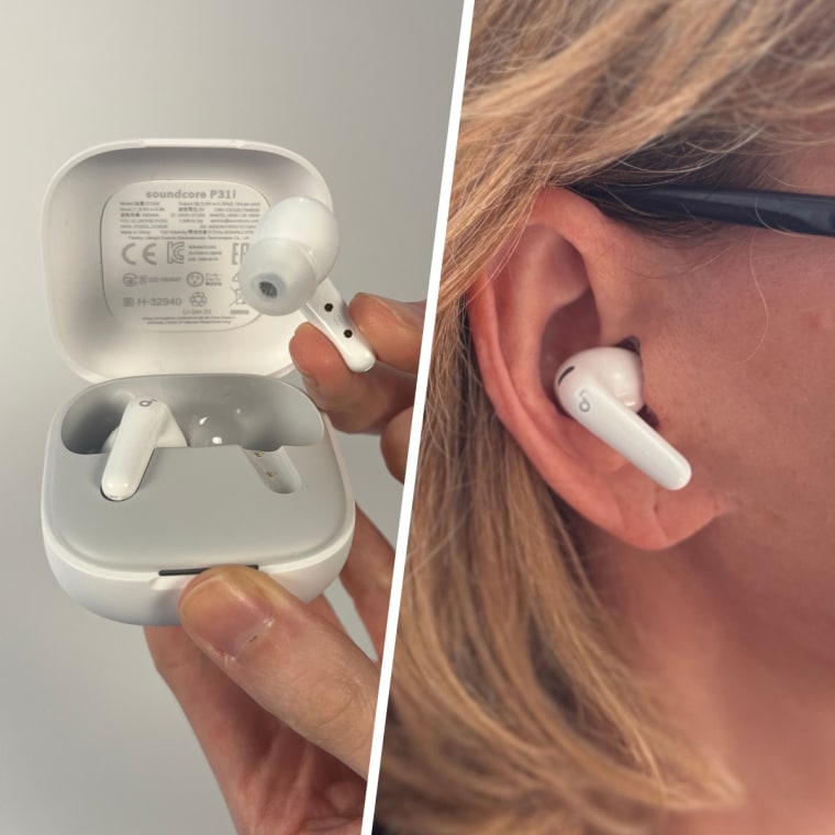 The Soundcore earbuds outside of their case (left) and in an ear (right).