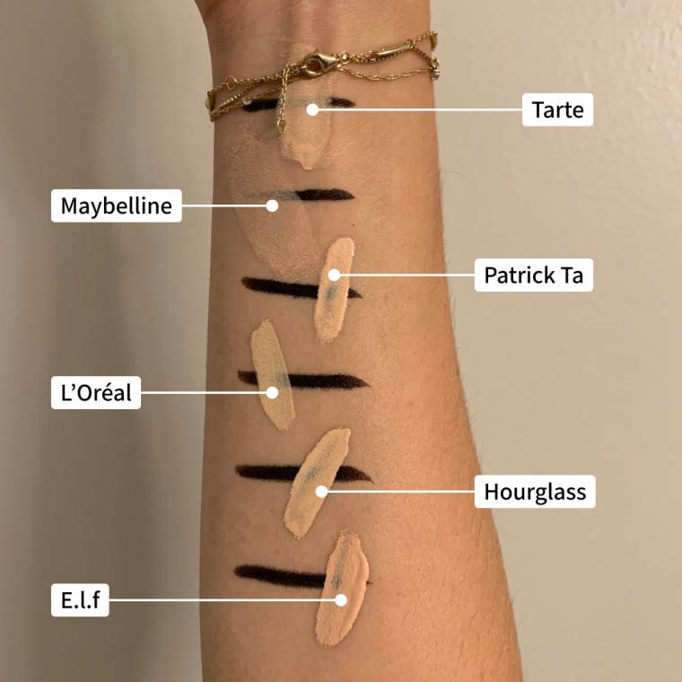 Showing how well each of the concealers covers even a dark swipe of eyeliner.
