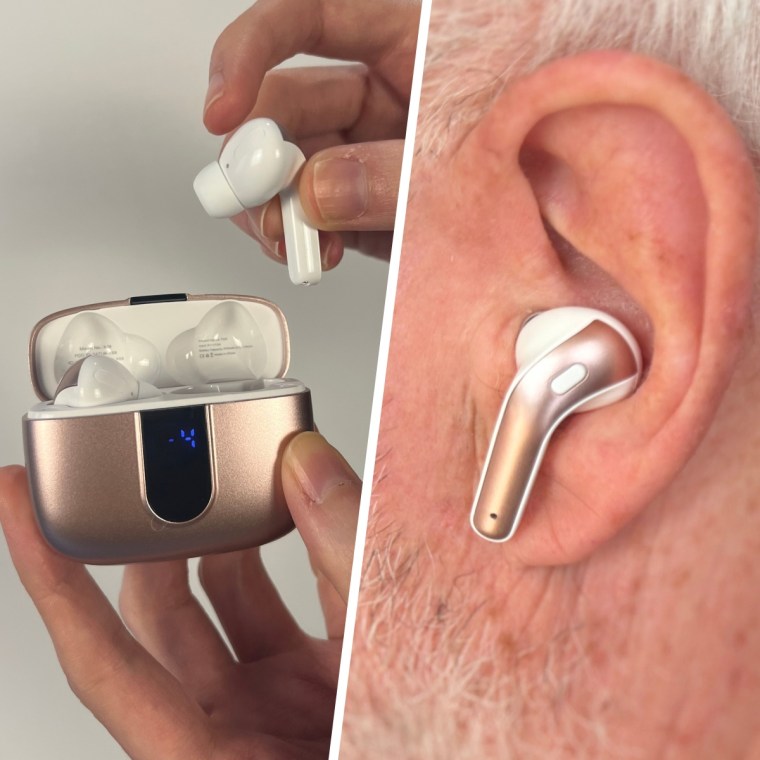 The Tagry Bluetooth earbuds out of their case (left) and being worn in an ear (right).