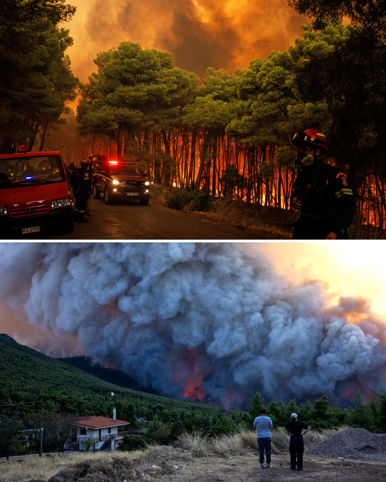 Image: Composite image of two stacked photos, the one above showing Greek firefighters at the site of a wildfire, and the one below showing local residents watching heavy smoke rising from a wildfire.