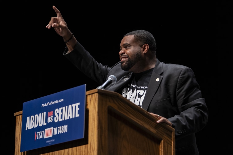 Michigan Democratic candidate for Congress Donavan McKinney speaks at a rally in Michigan.