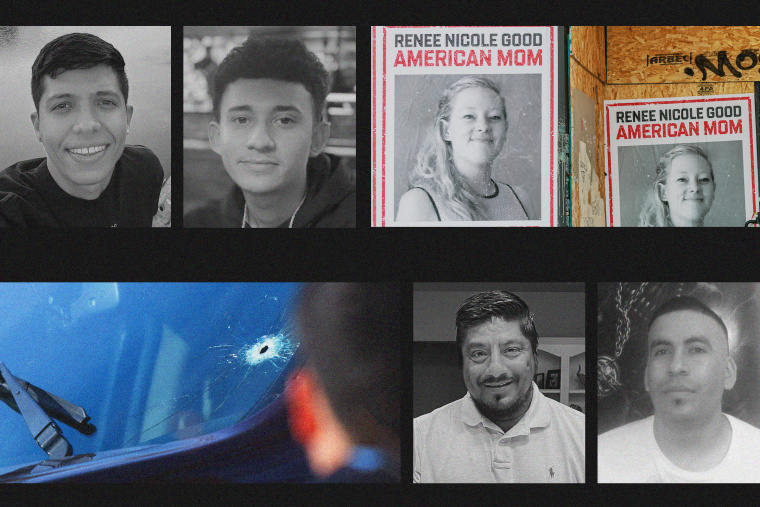 Photos of victims fatally shot by ICE agents; posters of Renee Nicole Good in Minneapolis; a car windshield cracked with a bullet hole.